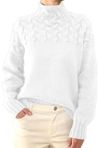 Sköldpadda hals vanlig tröja stickad tjock rulle hals tröjor för kvinnor UK rund hals kabel stickade tröjor överdimensionerad stickad tröja stickad kabel jumper ledig lös passform pullover, Vitt, 3XL