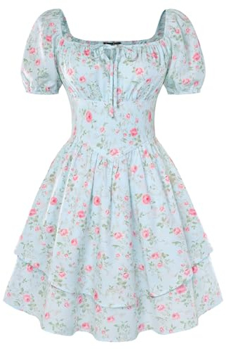 SCARLET DARKNESS Vestito Abito Corto Donna Rinascimentale Maniche Corte Palloncino Floreale Blu Fiori Rosa L