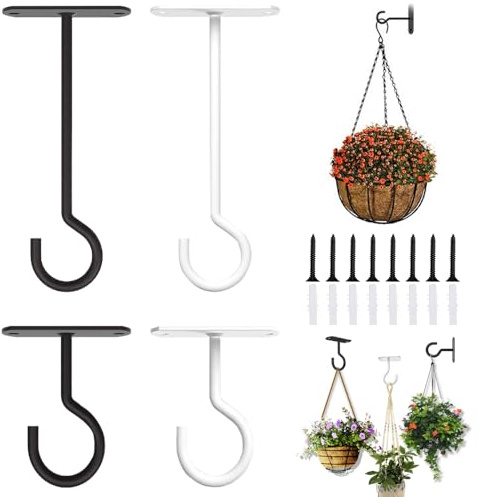 TRKETK 4 ganchos de techo para colgar plantas, soporte cuadrado de pared para plantas, soporte de metal para plantas, perchas de faroles de hierro, ganchos de rosca para montar en la pared con