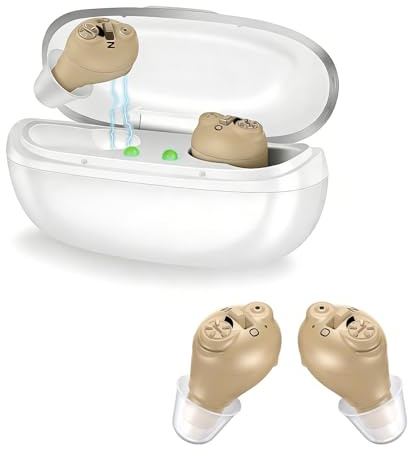 Dispositivo de sonido invisible para adultos y personas mayores, dispositivo de sonido recargable con funda de carga, diseño invisible en el oído, excelencia de sonido, ajuste cómodo (blanco)