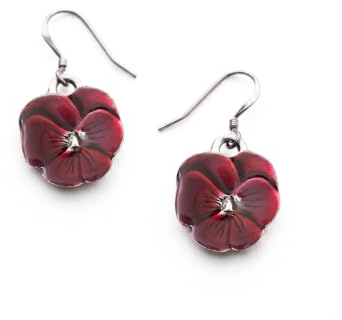 DANFORTH Fine Pewter Pansy Wire Earrings | Bourdeaux Red Flower Jewelry | Handcrafted lead-free pewter drop earrings featuring handpainted floral charms with sterling silver earwires