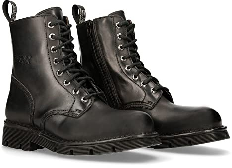 New Rock Botín Militar METALLIC M-NEWMILI084-S1 de piel vacuno color negro, estilo gótico punk rock con suela plana de goma natural y diseño unisex TALLA 42
