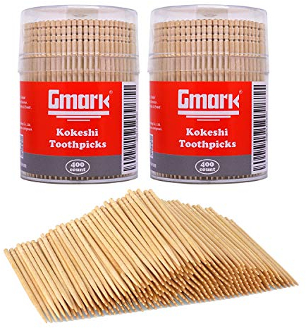 Gmark Wooden Toothpicks 1600 Pieces Kokeshi Style, Cocktail Safe Use Sturdy Round Holder 4 Packs of 400, 2.6 Kokeshi Toothpicks - Japanese Style, Party Appetizer Olive Fruit Teeth Cleaning GM1068