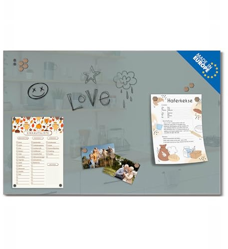 banjado Glas Magnettafel (75 x 50cm) - Magnetwand Glas - Magnetpinnwand als Memoboard - Pinnwand Magnettafel Küche, Büro, Kinderzimmer - Grau