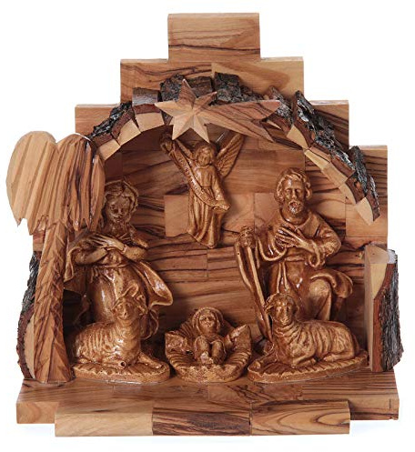 Holyart Natività in Legno ulivo di Betlemme con capanna 15x15x10 cm