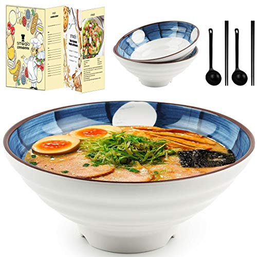 SMOQIO Bol à Ramen Japonais - Ensemble Bol Ramen 1000ml avec Baguettes Cuillères Idéal pour Lave-Vaisselle pour Ramen Japonais, Soupe ou Udon