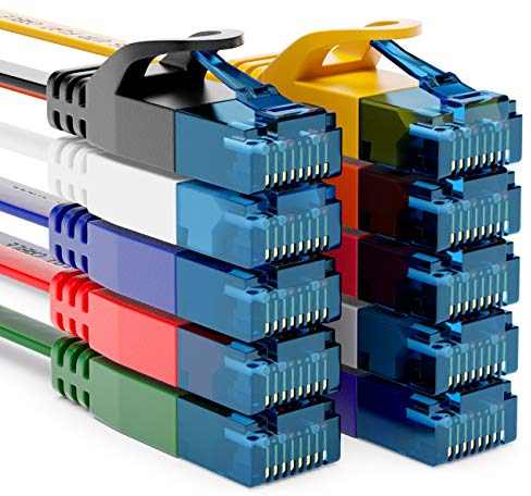 deleyCON 10x 1m CAT6 Plano Cable de Red 1000 Mbit Gigabit LAN - Cat 6 RJ45 Ethernet Cable de Conexión Delgado Cable de Instalación Plano - para Internet Conmutador Router Módem - Colorido