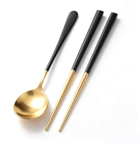 Cyrank Koreanische Essstäbchen Und Löffel Set, Edelstahl Besteck Set, Tragbare Essstäbchen und Löffel aus Edelstahl Für Zuhause, Küche Oder Restaurant