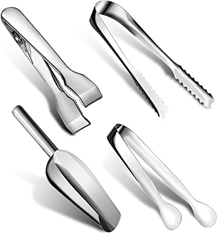 Sieral 4 Pieces Silver Ice Tongs and Scoops for Ice Bucket Stainless Steel Serving Tongs with Teeth Metal Shovel Scooper for Sugar Cubes Tea Party Coffee Food Buffet Cocktail Bar BBQ Party Supply
