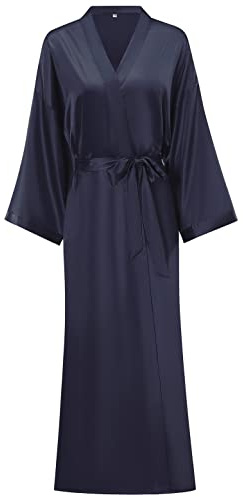 V Vaborous Women's Soft Long Satin Robes Long Silk Robes Full Length Robe Kimonos Dressing Gowns, Navy, S/M