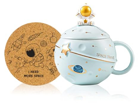 Taza de Astronauta Kawaii - Planeta en Relieve Espacial, Cerámica Linda Con Tapa y Cuchara para Café, Té y Leche - Regalo Divertido de Cumpleaños (Azul)