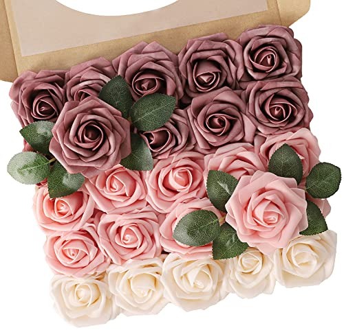 N&T NIETING Lot de 25 Roses artificielles en Mousse au Toucher réaliste avec Tige pour Bouquet de Mariage, Saint-Valentin, fête des mères, décoration de Centre de Table
