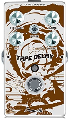 Amuzik Tape Delay Guitar Effects Pedal Mini Size with Art Design for Electric Guitar and Bass, Brown and white