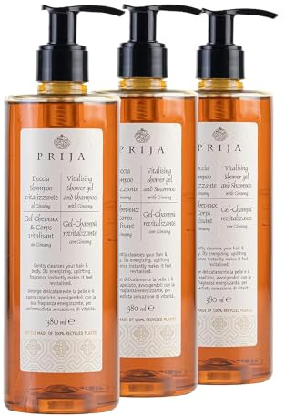 Prija Skin and Hair Shampoo Vitalising with Ginseng Pack of 3x 380ml | Invigorating Body Cleansing with Pump Dispenser. Vegan Friendly and Dermatologically Tested. Energising.