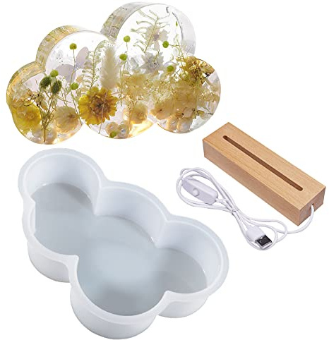 Yayatty Epoxidharz Formen Set, Wolke Silikonform Gießform mit USB Stromversorgung Beleuchteter Holzsockel für DIY Tischbasteleien, Schreibtischlampe Heimdekoration