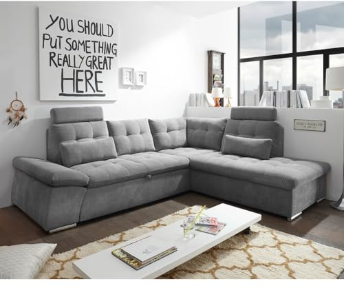 Lomadox Ecksofa mit Schlaffunktion und Kopfstützen in dunkelgrau modern | L-Form mit Recamiere rechts