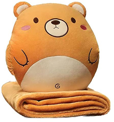 YGMXZL Reisedecke und Kissen mit Bezug, 3 in 1 Nickerchen Kissen Decke Autosofa Rückenlehne Kissen für Kinder und Freunde (Braunbär, L)