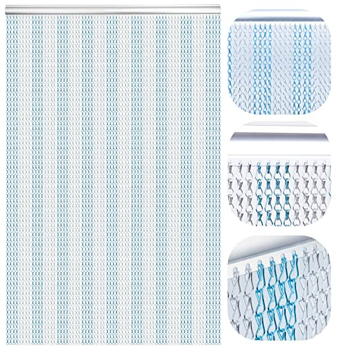 LYMMIYTC Rideau à chaînes en Aluminium, 90×210cm Écrans de Porte à Rideau de chaîne pour Décoration des Portes, Volant en Métal Stores Anti-Insectes Antiparasitaire (Argent & Bleu)