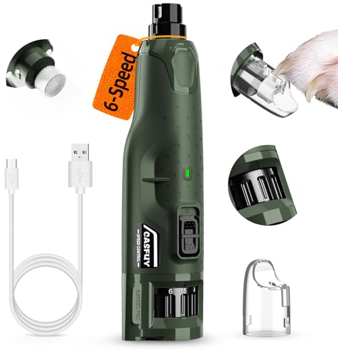 Casfuy Lime à Ongle Chien - Silencieux (45 DB) 6 Vitesses avec 2 lumières LED pour Chiens/Chats de Grande, Moyenne et Petite Taille, Professionnel 3 Ports avec Capuchon Anti-poussière