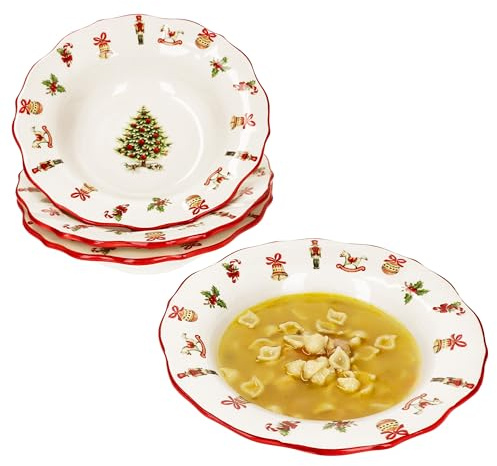 MamboCat Maestro Natale Lot de 4 assiettes creuses en céramique italienne 350 ml pour 4 personnes avec décor de Noël I Assiettes pour salade, soupe, riz et pâtes pour Noël, l'Avent et Saint-Nicolas