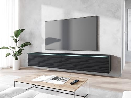 Meuble TV Lowboard D 180 cm, meuble TV, table TV, éclairage LED en option, couleur noire ondulée (avec éclairage LED)