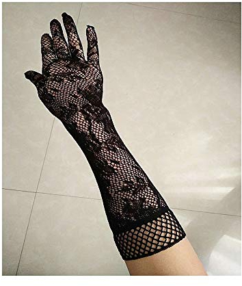 SePkus 2 Paar Netzhandschuhe mit floraler Schleife und Spitze, Lange Handschuhe für Damen, Braut, Hochzeit, Party, Kostüme (Farbe: Schwarz, Größe: L) (Schwarz L)