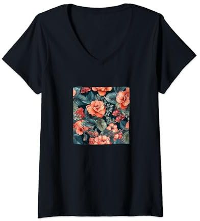 Damen Begonie Aquarell Floral Wildflower Grafik T-Shirt mit V-Ausschnitt