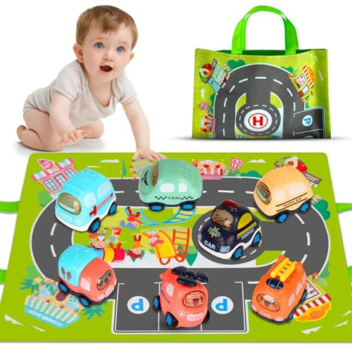 Spielzeugautos ab 1 Jahr, 7-Teilige Mini-Kinderspielautos für Babys, Cartoon Lastwagen Auto Spielzeug mit Spielmatte, Weihnachtsgeburtstagsgeschenk für Kleinkinder im Alter von 1 bis 3 Jahren