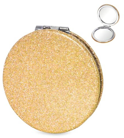 Colexy Tragbarer Taschen Spiegel, 7cm Runde Taschenspiegel, Glänzend Taschenspiegel Mädchen, Doppelseitig Schminkspiegel mit 2X Vergrößerung, Handspiegel Klein Perfekt für Make-up und Reisen (Gold)
