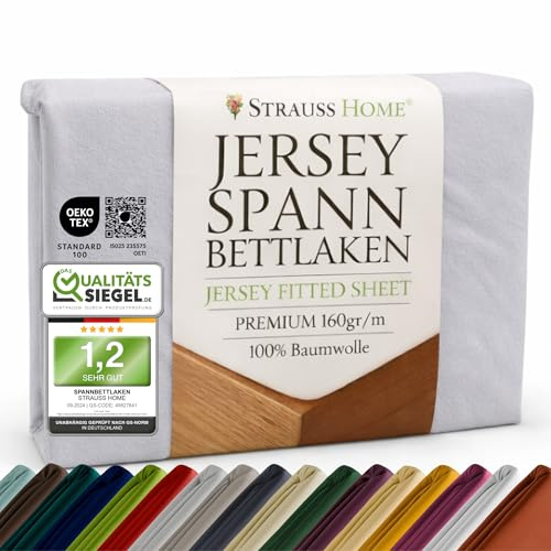 Strauss Home Premium Spannbettlaken Jersey 140x220-160x220 cm - 160 g/m² 100% gekämmte Baumwolle, 40 cm Steg, Oeko-TEX - für Boxspringbett & Wasserbett - Hellgrau