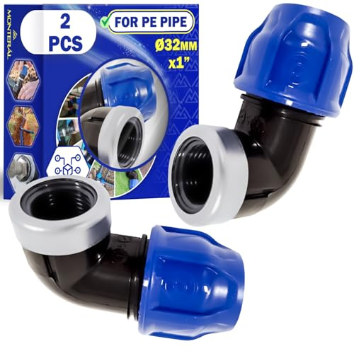 2 Stück Verschraubung Ø 32 mm x 1″ Winkel 90° und Innengewinde Verstärkt | mit Verzinktem Stahlring aus Polypropylen PP Fitting für die Verbindung von Polyethylen PE Rohr - MONTERAL