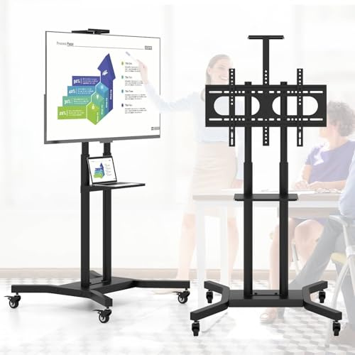 TANGZON Mobile TV Cart with Wheels, Height Adjustable Floor Stand with Camera Shelf, Laptop Shelf, Portable Rolling TV Stand for 32-70 Inch Flat or Curved Screens, Max VESA 600 X 400 mm