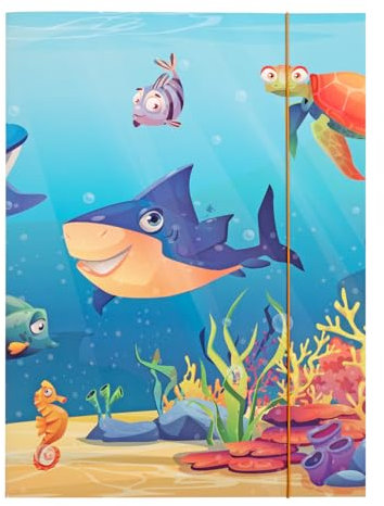 Idena - Sammelmappe A3 mit Meerestier-Motiv, Dokumentenmappe aus robuster Pappe, Postmappe mit Innenklappen und Gummizugverschluss, Meerestiere