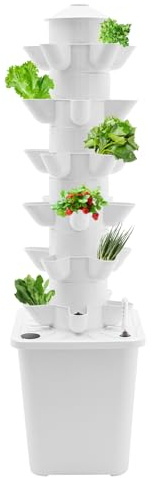 XUEMANSHOP Hydroponiskt växtsystem, 6 våningar, 30 hål, hydroponiskt torn med 10 l vattentank och vattennivåindikator, för tomater, jordgubbar, sallad, chilis, mynta (vit)
