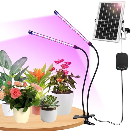 2 Heads Clip Solar Grow Lights with Red Blue Spectrum for Indoor Plants | Plant Growing Lamp 3/9/12H Timer, 3 Dimmable Level, Adjustable Gooseneck,3 Switch Modes, Auto On Off
