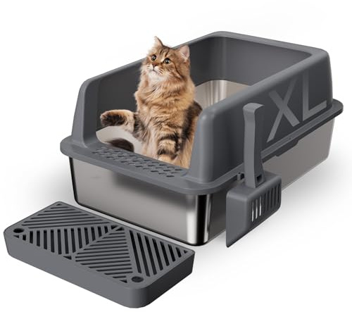 Gimars Caja de Arena XL de Acero Inoxidable 35L, Arenero Acero Inoxidable Gatos 58x38x26cm con Pala y Pedal, Bandeja Metálica Grande para Gatos Grandes y Medianos, Fácil de Limpiar y Duradera