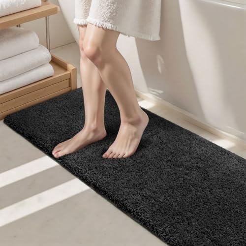 Tuocal Tapis de bain en microfibre épais, antidérapant, super absorbant, ultra doux, lavable en machine, séchage rapide, noir, 50 x 120 cm
