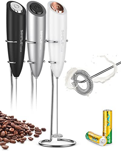 SIMPLETASTE Milchaufschäumer Handheld Batteriebetriebener Elektrischer Schaumbereiter, Getränkemixer mit Edelstahl-Schneebesen und Ständer für Cappuccino, Kugelsicherer Kaffee, Latte