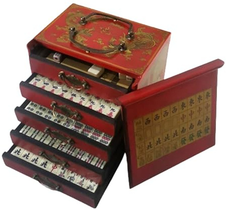 Ensemble de mahjong antique – Jeu complet de mahjong chinois vintage avec 144 carreaux portables pour la famille et les fêtes – Ensemble de jeu traditionnel de luxe