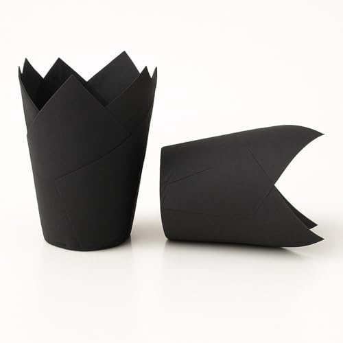 The Baked Studio Tulip Cupcake Liners – 50 Pack | Elegant Muffin & Cupcake Cases | Non-Stick, Oven-Safe, Food Grade Paper | Ideal for Weddings, Parties & Baking Professionals (Black)