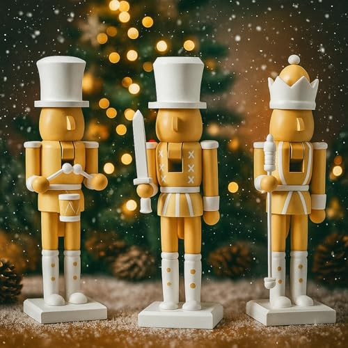 Cinnvoice 3 Pcs 10 Inch Christmas Wooden Nutcracker Figure Brown Nutcracker Figure Statue Modern Soldier Xmas Ornament Mantle Decor Christmas Decorations for Home Table Tabletop