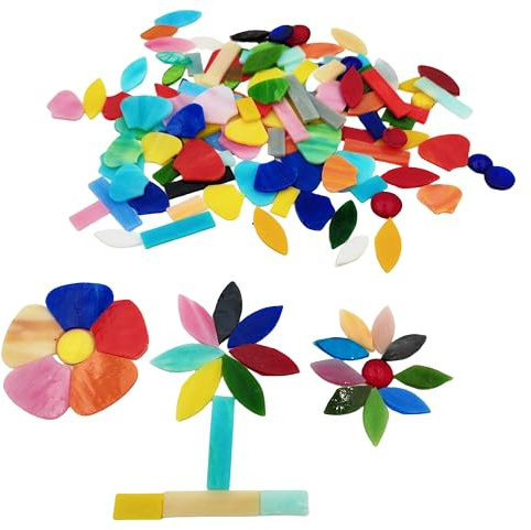 8 STK Blumen + 60 STK Blätter + 40 STK Streifen Mosaikfliesen, 2 Größen Buntglas Mosaikteile für DIY-Bastelarbeiten, Heimdekoration, Innen- & Außendekoration mit Aufbewahrungsbox (Blumen + Blätter +