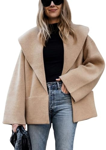 Hooever Women's Shawl Collar Sweater Oversized Cardigan Open Front Fall Winter Cropped Knit Sweater(Khaki-XL)