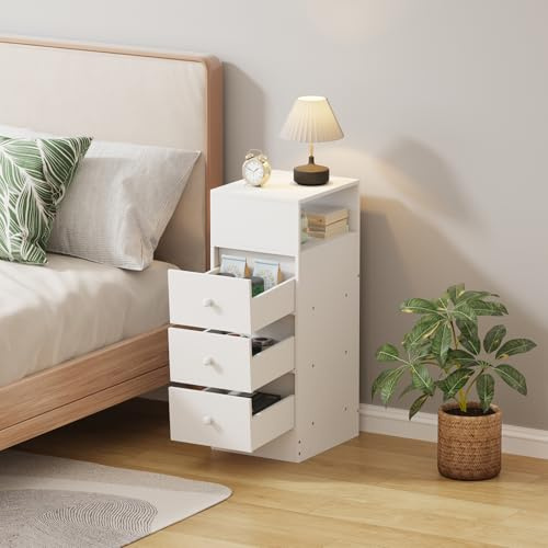 Sanery Slim Bedside Table with 3 Drawers, Living Room Sofa Side End Table, Compact Wooden Lamp Telephone Table for Home Office Hallway, Narrow Bedroom Nightstand Cabinet (White)