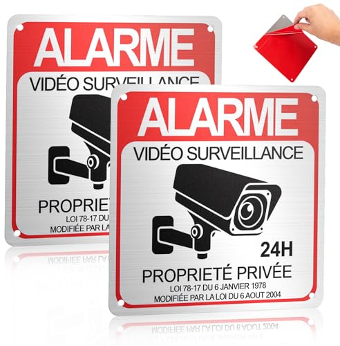 Lot de 2 Plaque Video Surveillance Extérieure Intérieur 15x15 cm, 24H Panneau Camera Surveillance en Aluminium, Pancarte Panneau Propriété Privée Étanche avec Autocollant et Trous Pré-percés