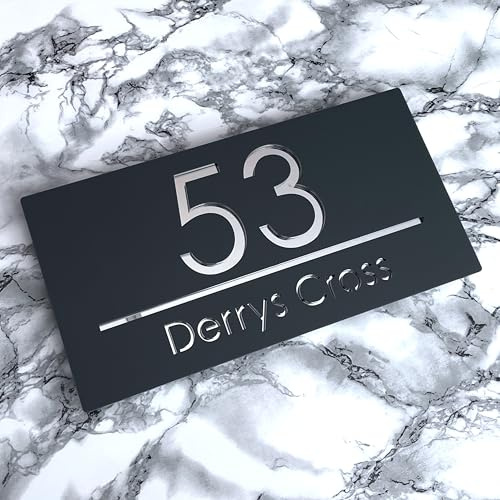House Numbers Plaques Modern Door Plaques For Wall Address House Number Plates for Outside Personalised Laser Cut Front Door Number Acrylic Door Sign (Matt Grey & Silver Text)