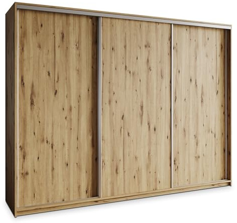 Masseno Schwebetürenschrank Nisse 250/205/60 cm Kleiderschrank mit 4 Schubladen Schlafzimmer Schiebetürenschrank 3-türig Eiche Artisan