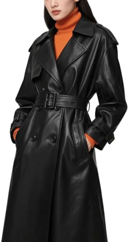 utcoco Women's Faux Leather Trench Coat Double Breasted Belted High Waist Long PU Leather Jacket Fall Winter Outerwear (X-Large, Black)