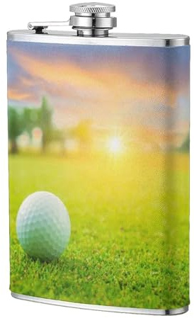 Balle de golf verte imprimée au coucher du soleil,Flasque de poche plate de 8 oz en acier inoxydable 304, idéale pour les activités de plein air.