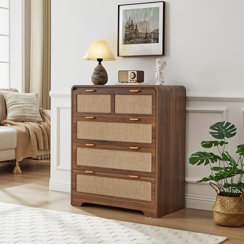GuannCraft Moderne Kommode aus Rattan mit Vier geräumigen Schubladen und Metallgriffen; rustikaler Aufbewahrungsschrank aus Holz, geeignet für Schlafzimmer, Wohnzimmer und Eingangsbereiche. (Bogen)